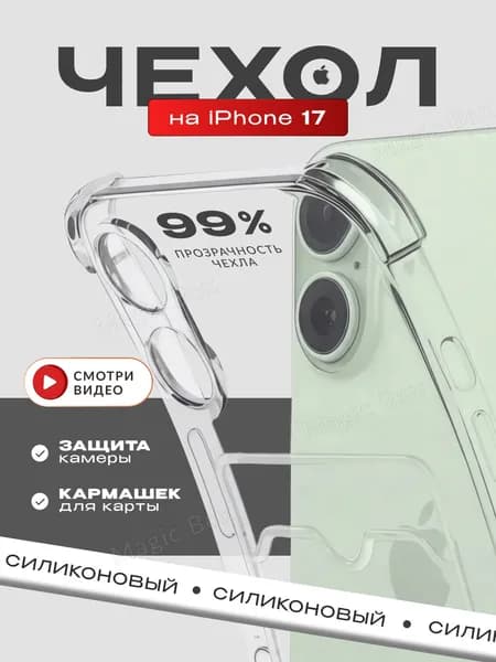 Чехол на Apple iPhone 17 силиконовый противоударный с картхолдером(карман для карт). Прозрачный тонкий силиконовый чехол с защитой камеры и кармашком для Айфон 17.