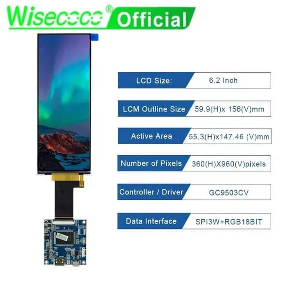 Wisecoco Пиксельный экран 6.2" вытянутый барный IPS дисплей 360×960 интерфейс SPI RGB, модуль для умной бытовой техники и рекламы на полках магазина, черный матовый, хаки