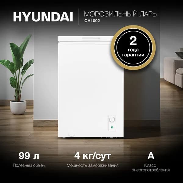 Морозильный ларь Hyundai Объем 99 л, 70 Вт, Класс A+, Тихий 42 дБ, Белый