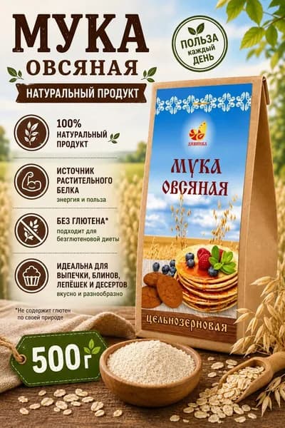 Мука ЦЕЛЬНОЗЕРНОВАЯ Овсяная 500 г., Дивинка.