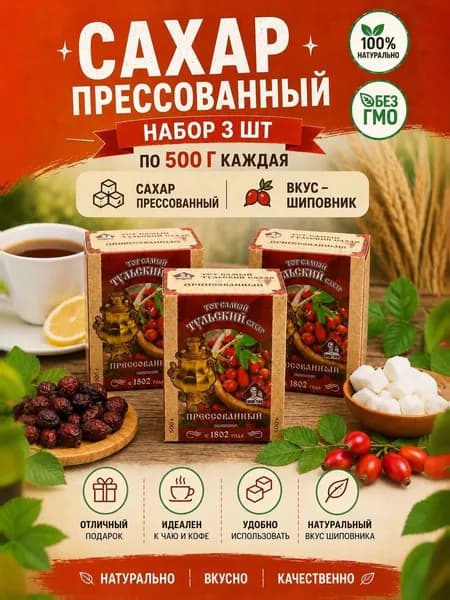 Сахар кусковой прессованный в кубиках с экстрактом ШИПОВНИКА, 500г (набор 3 шт)