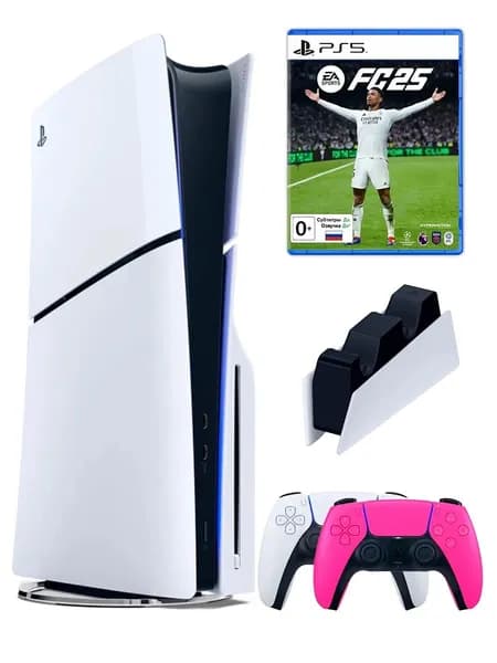 PS5 (ПС5) Игровая приставка Sony PlayStation 5 Slim +2-й геймпад(розовый)+зарядное+игра FIFA24, 1000ГБ