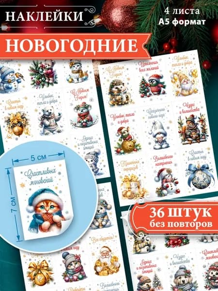 Набор новогодних наклеек 36 штук