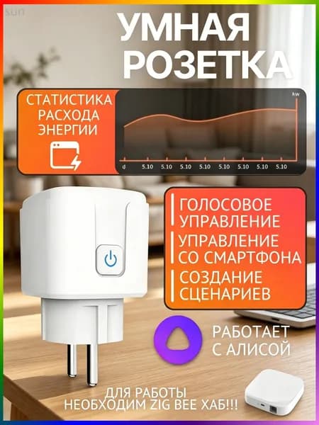 Умная розетка ZigBee с Алисой, контроль расхода энергии, управление смартфоном, 16 А