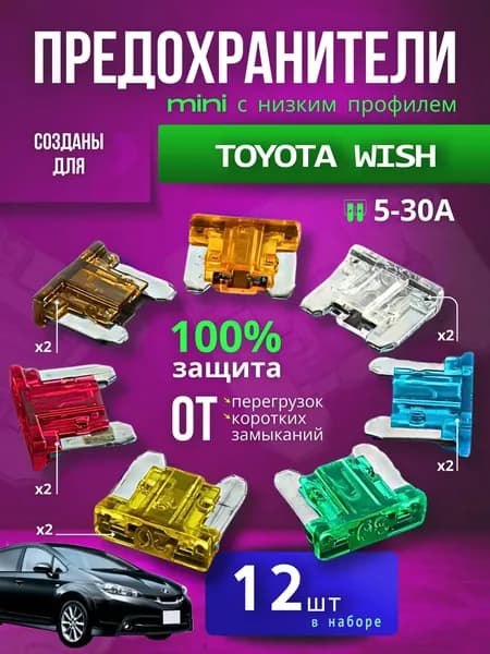 Предохранители для Тойота Виш (Toyota Wish) / автомобильный набор Мини с низким профилем, 12 штук с пинцетом / флажковые 5-30 А