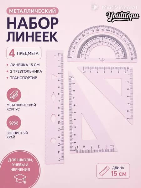 Чертежный набор из 4 предметов линейка 15 см для учебы и офиса