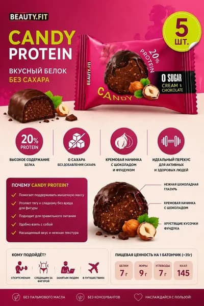 Конфета протеиновая " Ореховый крем+ шоколад" 5 шт по 18гр.,BeautyFit.