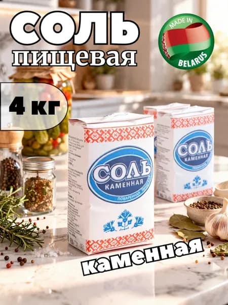 Соль пищевая крупная каменная, 4 уп. по 1 кг, Беларусь