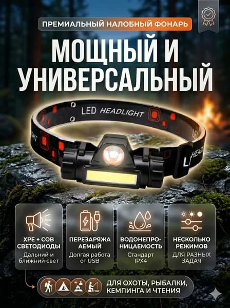 Фонарь налобный, светодиодный с магнитом, со встроенным аккумулятором SteelStar