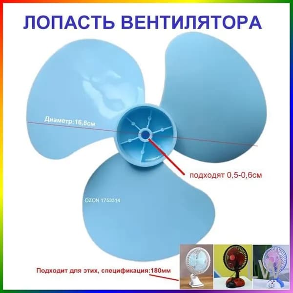 Лопасть вентилятора (крыльчатка) 16.8 см, универсальная для маленьких настольных вентиляторов 180 мм, синяя