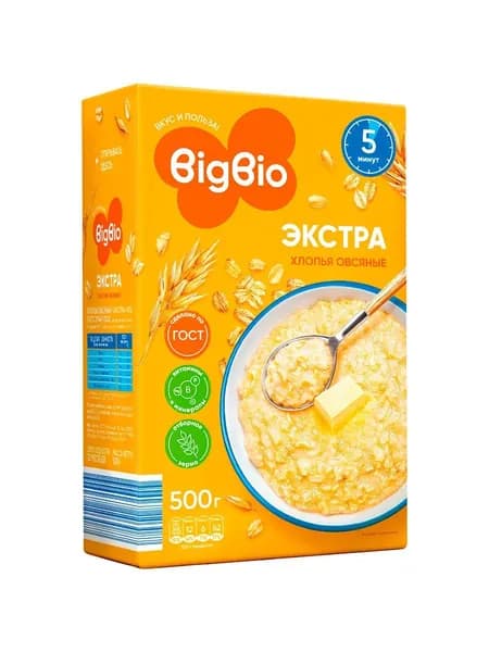 Хлопья Bigbio Экстра №3 овсяные 500гр - 3 шт
