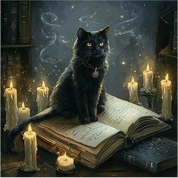 Чёрный кот сидит на открытой книге в окружении свечей. DIY 5D-рисунок из алмазов без рамки