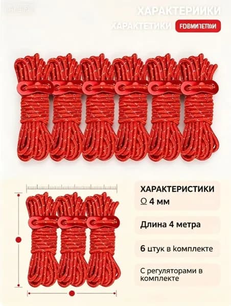 Безопасная оттяжка для кемпинга Комплект оттяжек для палатки (со светоотражающей нитью) 4 шт по 4 м