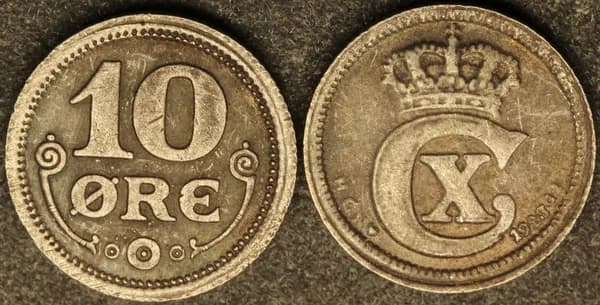 Жетон 10 Эре 1923 Дания Король Кристиан X (1912-1947) посеребрение копия Копия