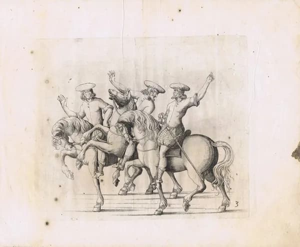 Рыцари на лошадях. Антикварная авторская гравюра (офорт). Германия, 1611 год