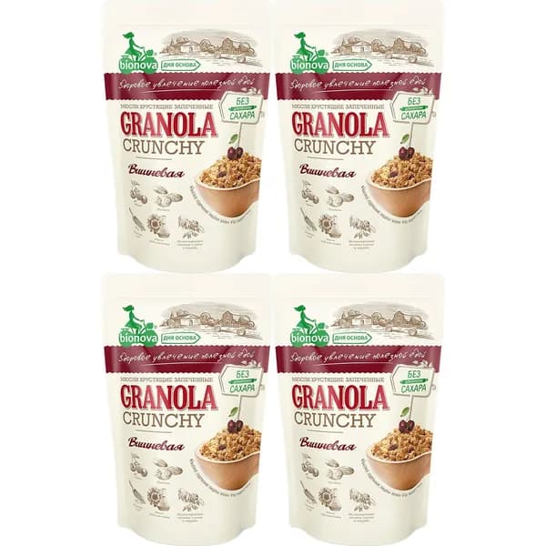 Мюсли Bionova Crunchy вишневые хрустящие запеченные 400 г, набор: 4 штуки