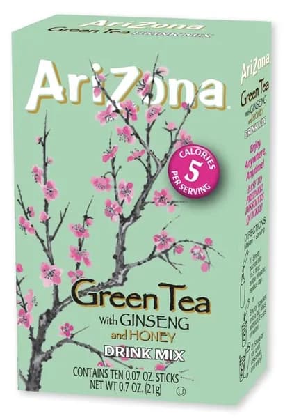 Американский растворимый чай в стиках AriZona Green Tea with Ginseng and Honey зелёного чая с женьшенем и мёдом, 10 стиков
