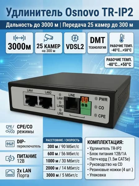 Удлинитель Ethernet сигнала Osnovo TR-IP2