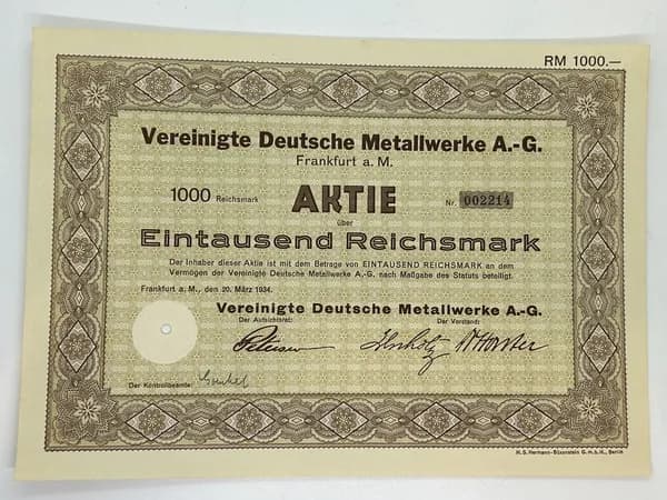 Акция Германия. Металлургические заводы, Франкфурт-на-Майне,1000 рейхсмарок 1934 №49