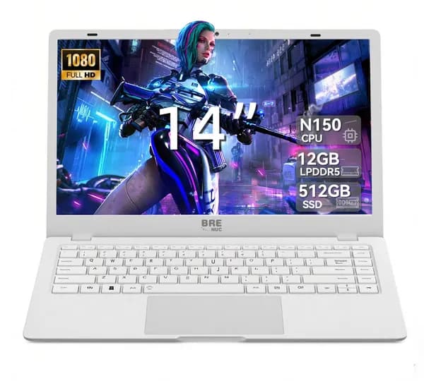 BRENUC N150 Ноутбук 14", Intel N150, RAM 12 ГБ, SSD 512 ГБ, Intel UHD Graphics, Windows Pro, белый, Английская раскладка