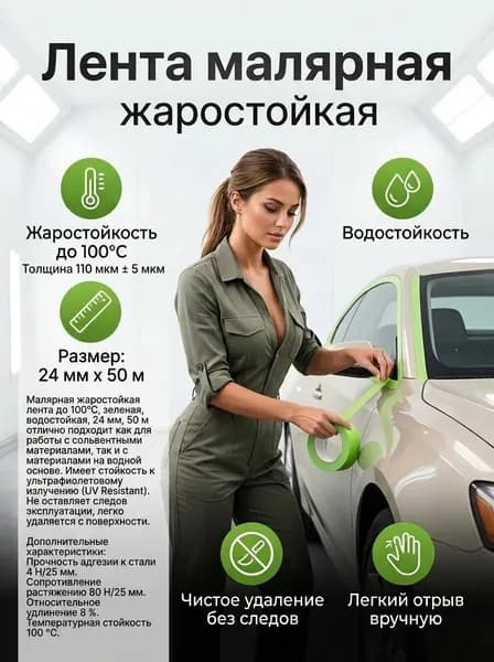 Лента малярная жаростойкая до 100С зеленая водостойкая 24ммх50м