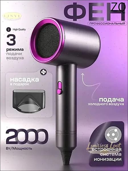 Фен для волос Профессиональный мини-фен с ионизацией 2000 Вт, скоростей 2, кол-во насадок 1, темно-серый