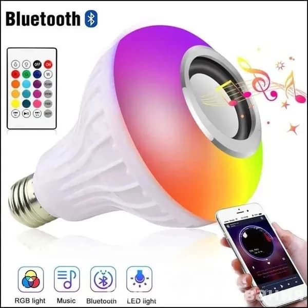 Умная светодиодная лампочка RGB со встроенной колонкой и пультом, Светильник разноцветный, музыкальный, диско шар разноцветный, энергосберегающая с блютузом