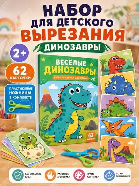 Набор для вырезания Динозавры, 62 карточки и пластиковые ножницы, развивающее занятие для детей 2+