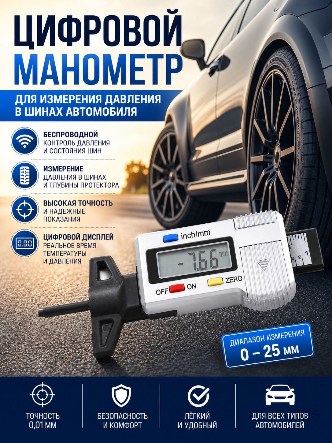 Манометр автомобильный, 1 шт.