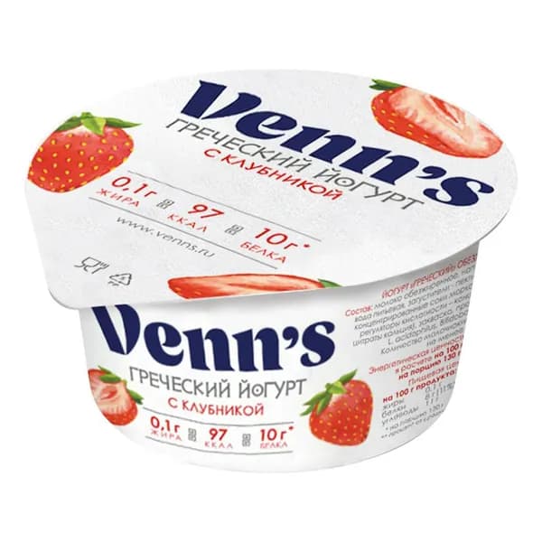 Йогурт Venn's греческий с клубникой обезжиренный 0,1% 130 г