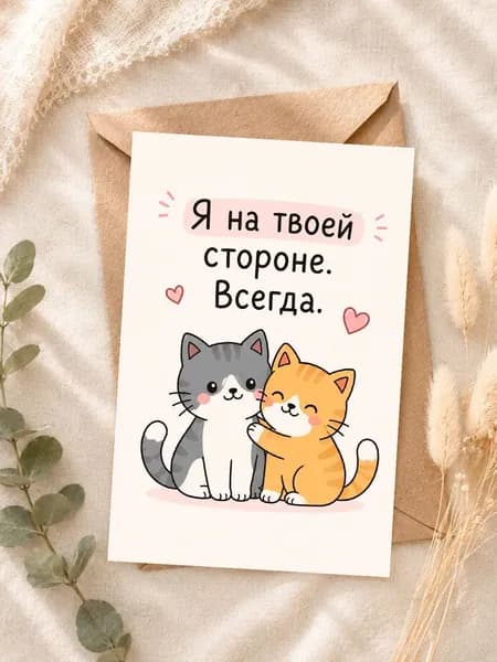 Открытка "Я на твоей стороне. Всегда", с котиками для поддержки и конвертом, 10х15