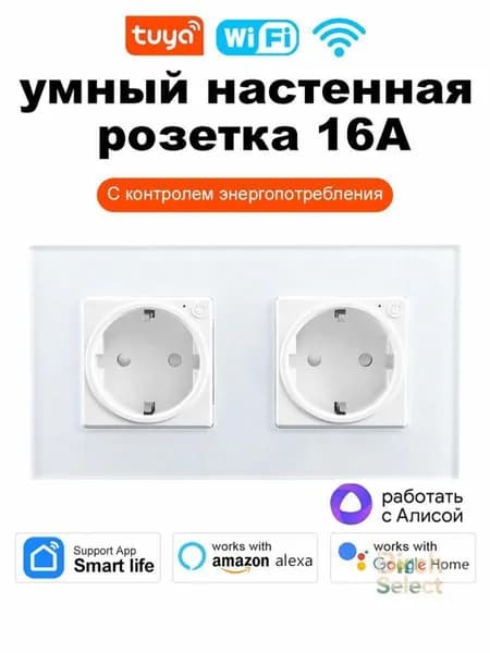 16A Умная WiFi встраиваемая розетка . C Алисой, белая.2 постовая .