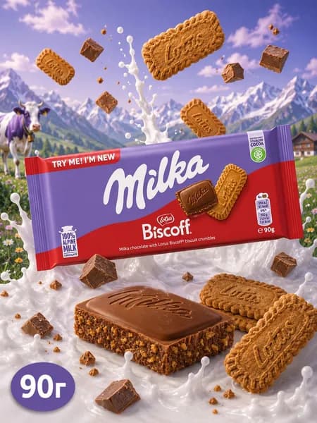 Milka, Шоколад с печеньем Lotus Biscoff, 90 г