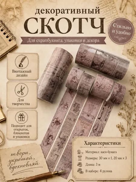 Декоративная клейкая лента (скотч) винтажный коллаж, широкая лента для скрапбукинга и декора
