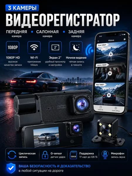 Видеорегистратор автомобильный D600-W 3 камеры Wi-Fi 1080P, экран 2", ночное видение, Viidure