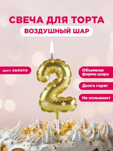 Свеча для торта цифра Воздушный шар PATERRA, цифра 2, золотая