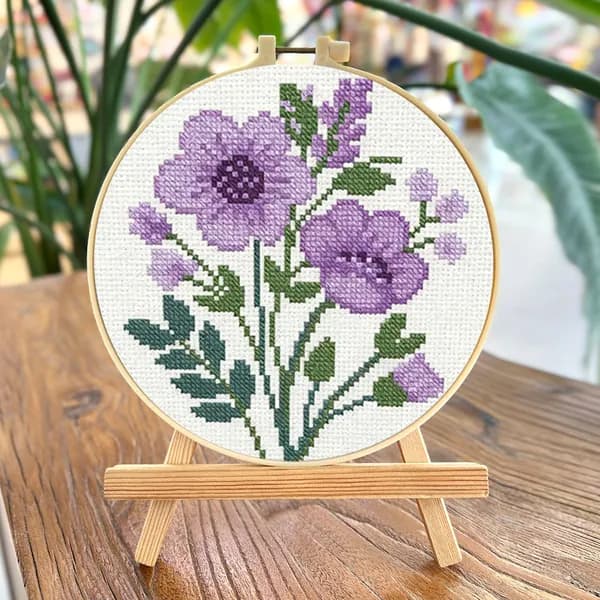 Крестиковый набор Purple Bloom с напечатанным узором Фиолетовый цветок на хлопковой канве 11CT