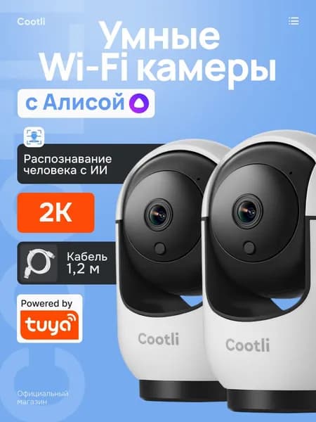 2 ШТ Умная камера видеонаблюдения WiFi для дома 2К с Алисой, видеоняня Cootli (CI-IIWF219) Уцененный товар