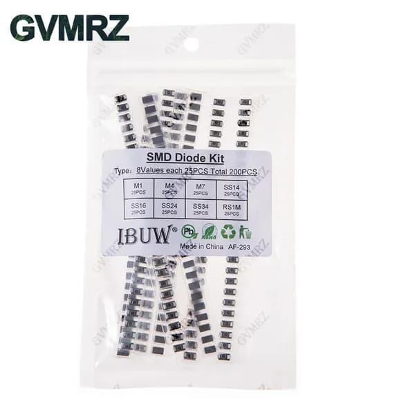 200PCS 8Values SMD Diode Kit M1 M4 M7 SS14 SS16 SS24 SS34 RS1M для проектов электронной ректификации