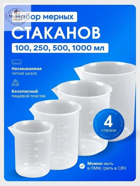 Мерный стакан с носиком 1000 мл, 500 мл, 250 мл, 100 мл / Набор мерных емкостей, 4 шт.