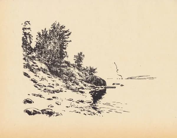 Байкал. Берег. Борис Лебединский. Антикварная гравюра (ксилография). СССР, 1966 г.