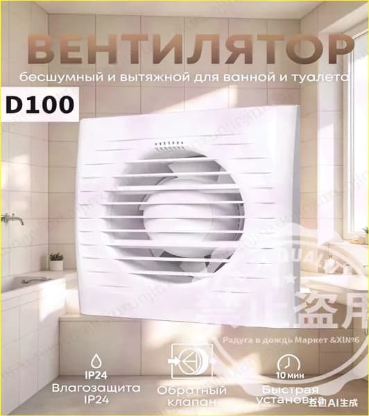 Вытяжной вентилятор 100 мм монтаж без сверления для ванной и санузла белый глянец тихая вытяжка с защитной реш