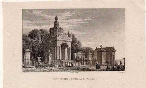 1830 год. Гравюра, монументы Пер-Лашез в Париже
