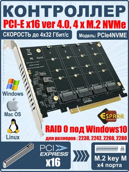 PCI-E x16 ver 4.0, 4 порта M.2 NVMe, модель PCIe4NVME, Карта, плата расширения
