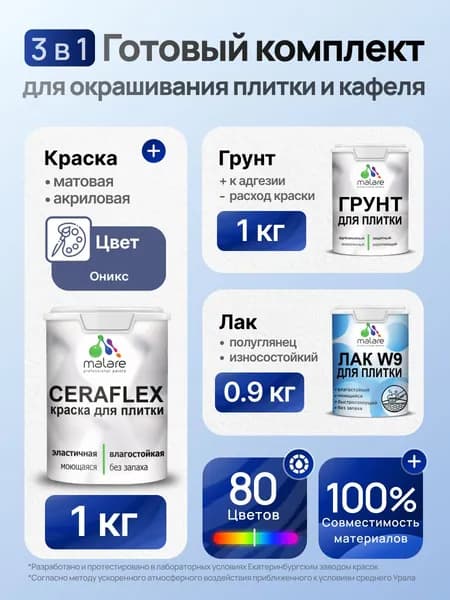 Комплект Malare LIPPO для окрашивания плитки и кафеля (1кг грунт + 1 кг краска + 0.9кг лак), акриловый, без запаха, быстросохнущий, полуглянцевый, цвет оникс