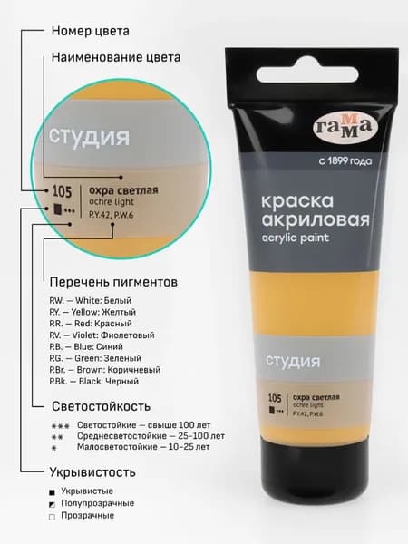 Краска акриловая художественная Гамма "Студия", 75мл, пластиковая туба, охра светлая (280220105)