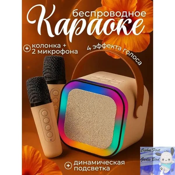 Колонка караоке с микрофонами подарок/Детская караоке система с двумя беспроводными микрофонами и колонкой