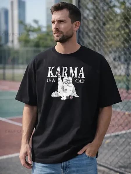 Плотная футболка оверсайз черная с принтом "Karma is a cat"