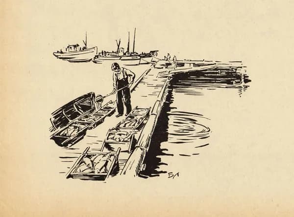 1966 год. Рыбная ловля на Байкале, Б.И.Лебединский, старинная литография