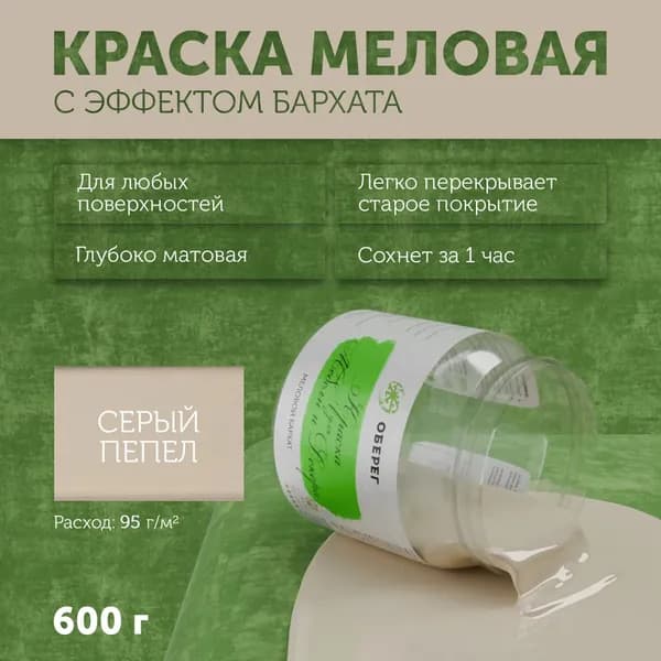 Краска меловая для мебели и декора "Меловой бархат" матовая без запаха Серый Пепел PaintGuard - 0,5л/0,6кг